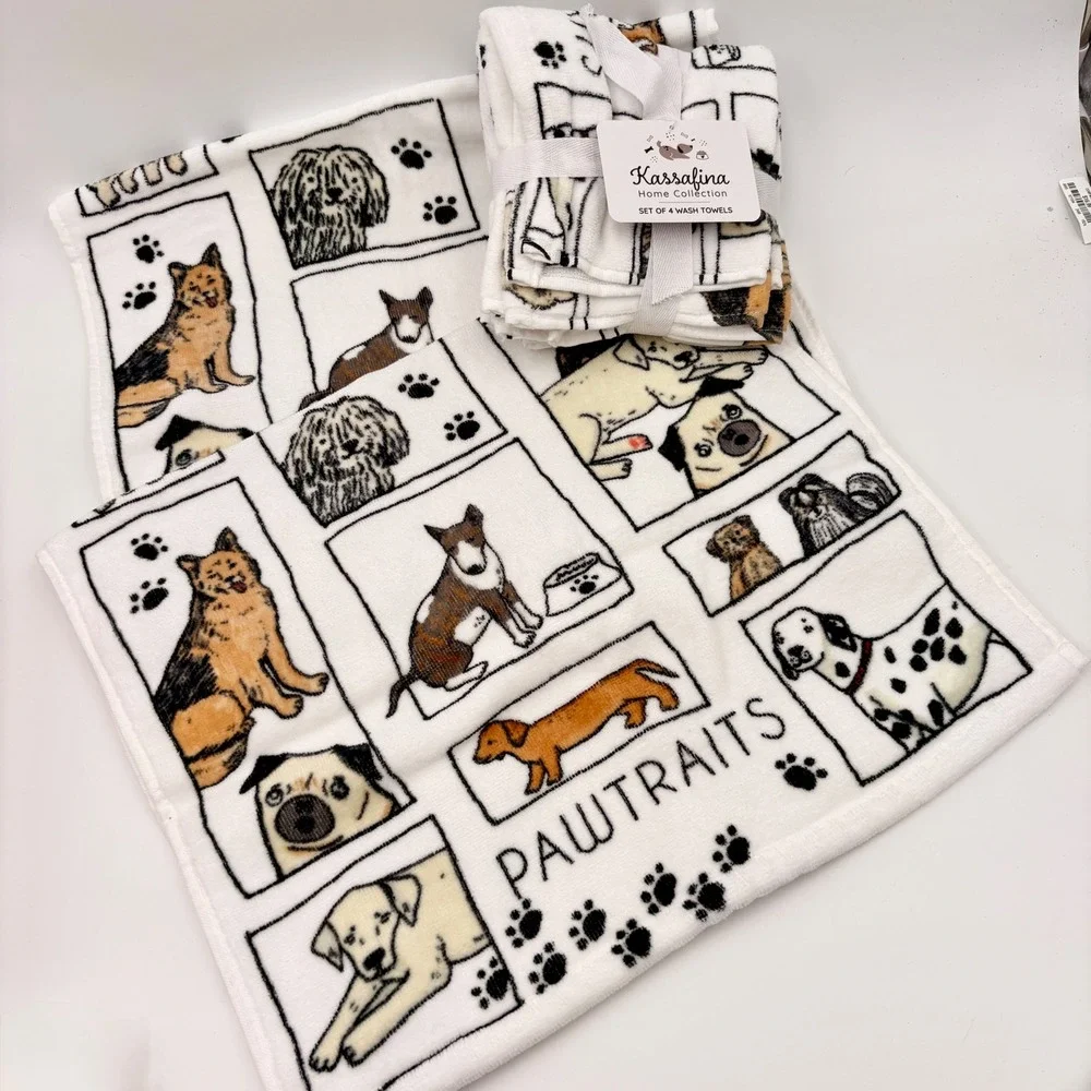 Kassafina Home Collection Dog Pawtraits White Cotton Wash & Hand Towels Set of 4
